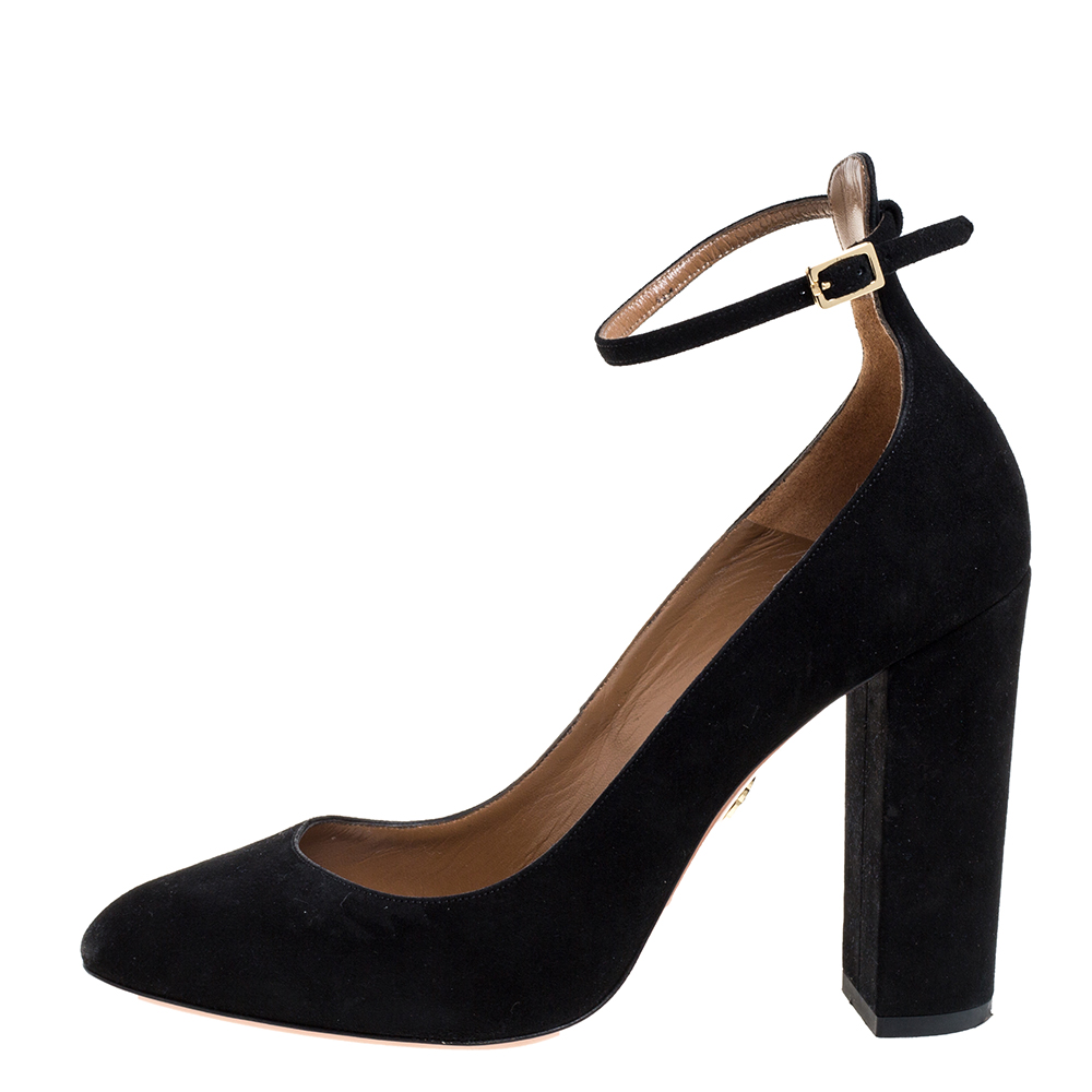 

Aquazzura Black Suede Alix Ankle Strap Block Heel Pumps Size