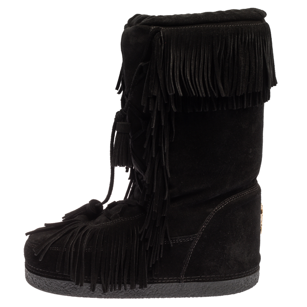 

Aquazzura Black Suede Fringe Detail Lace Up Boho Karlie Boots Size