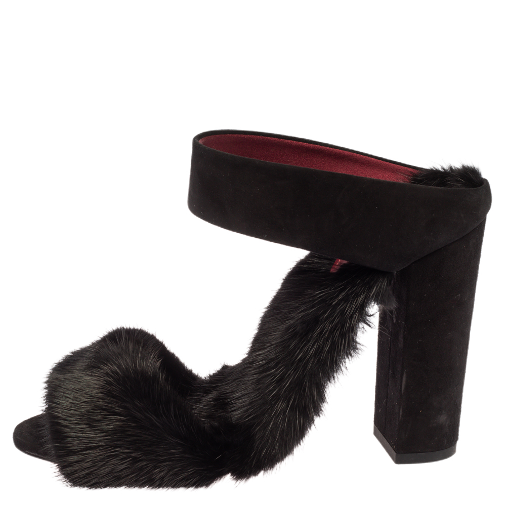 

Aquazzura Black Suede And Mink Fur Purr Purr Ankle Strap Sandals Size