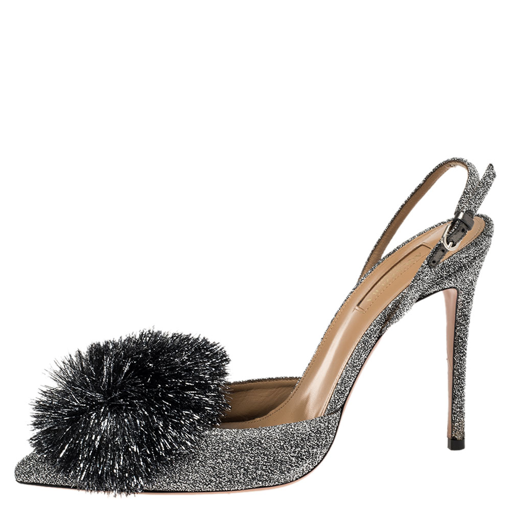 

Aquazzura Silver Shimmery Fabric Powder Puff Pointed Toe Slingback Sandals Size