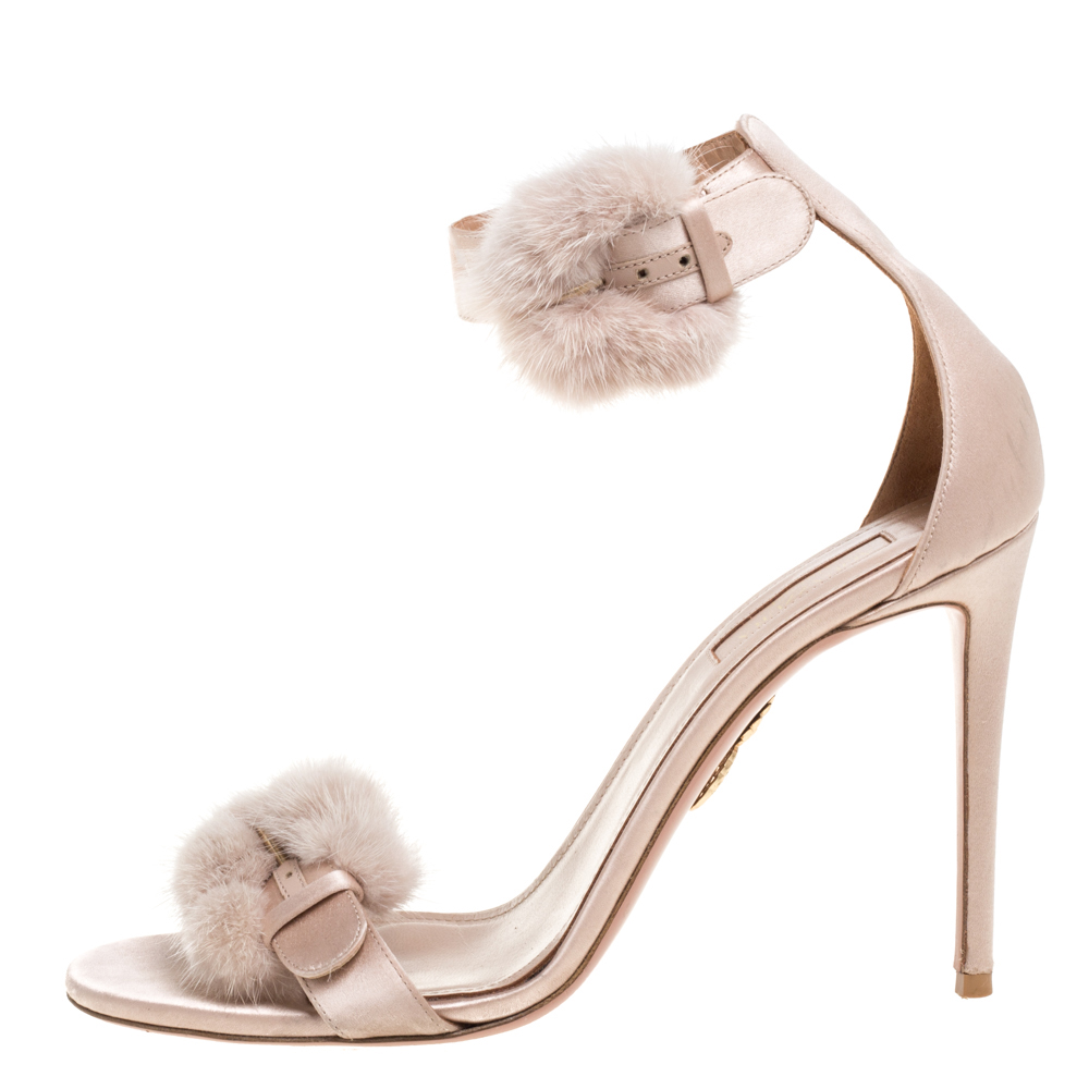 

Aquazzura Beige Satin Sinatra Mink Trim Ankle Strap Sandals Size