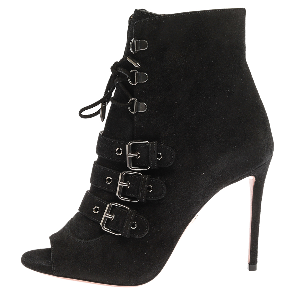 

Aquazzura Black Suede Buckle Detailed Lace And Zipper Booties Size