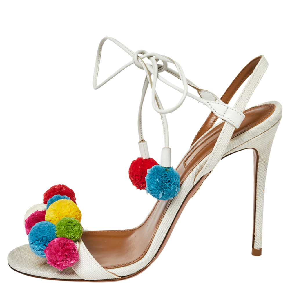 

Aquazzura White Canvas and Leather Disco Thing Ankle Wrap Sandals Size