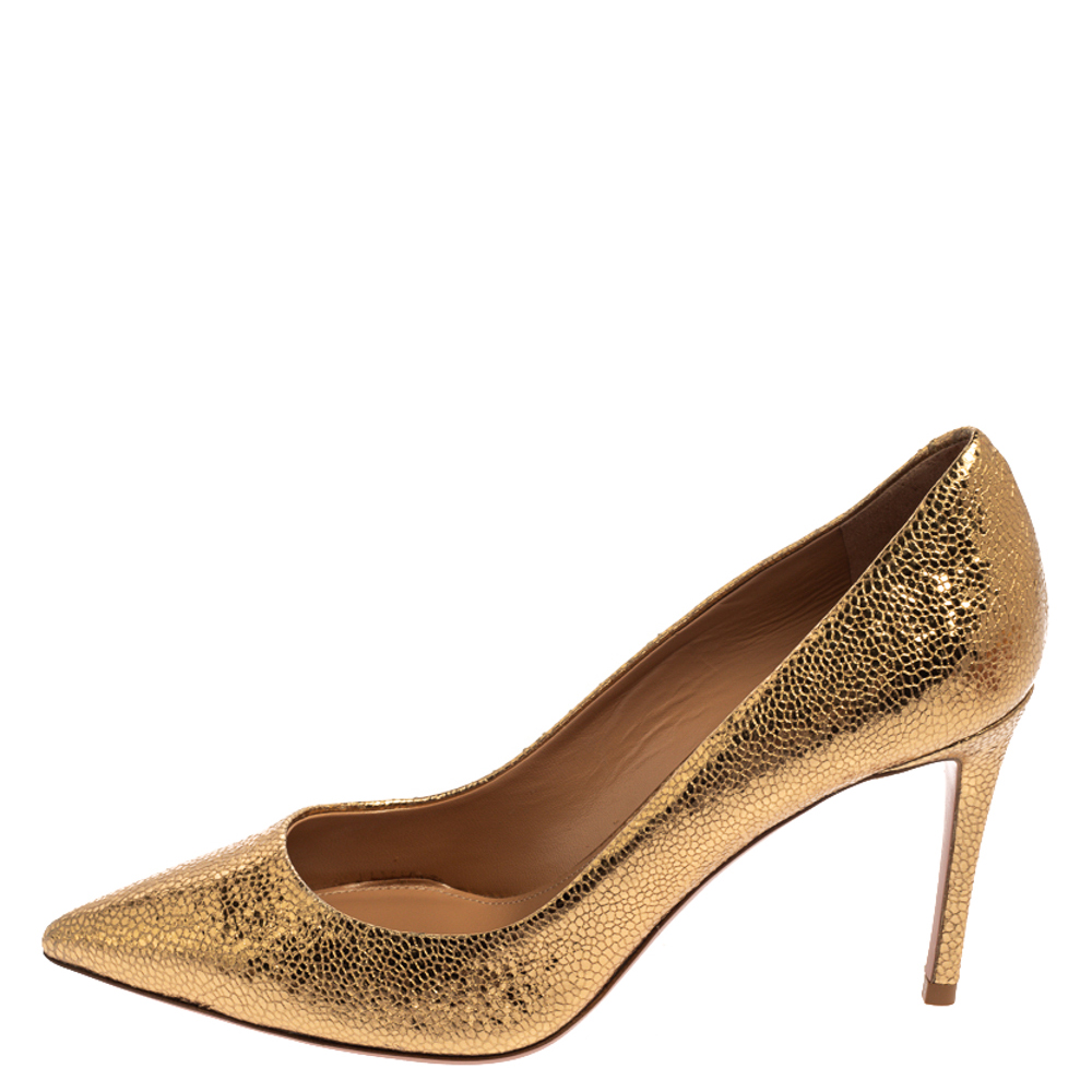 

Aquazzura Gold Textured Leather Savory Pointed Toe Pumps Size