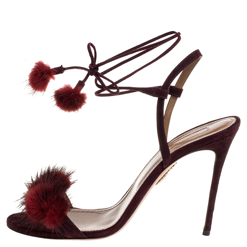 

Aquazzura Burgundy Fur And Suede Wild Russian Open Toe Ankle Wrap Sandals Size