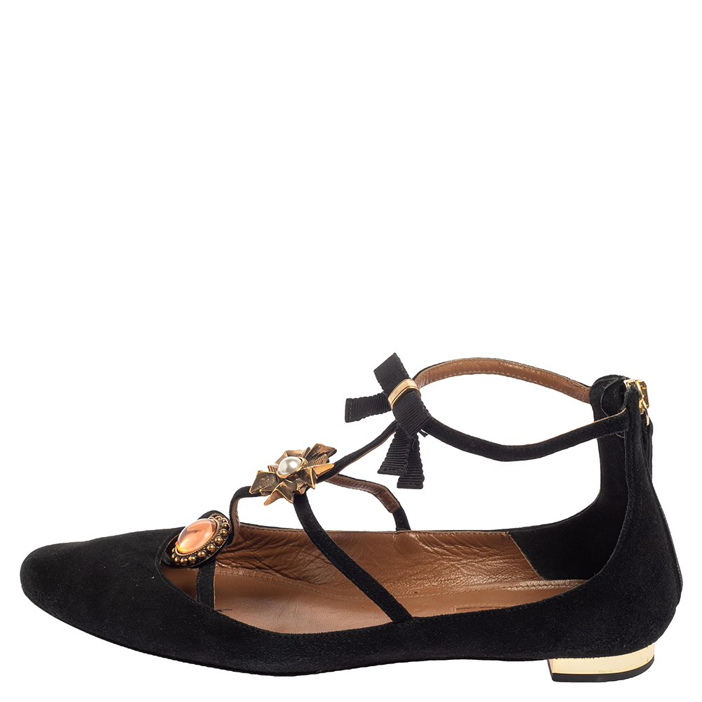 

Aquazurra Black Suede Pandora Embellished Flat Sandals Size