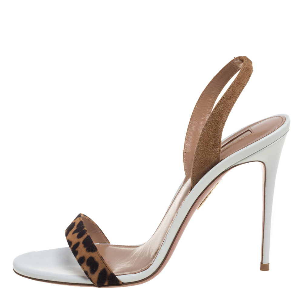 

Aquazzura Brown/Beige Leopard Print Suede So Nude 85 Slingback Sandals Size