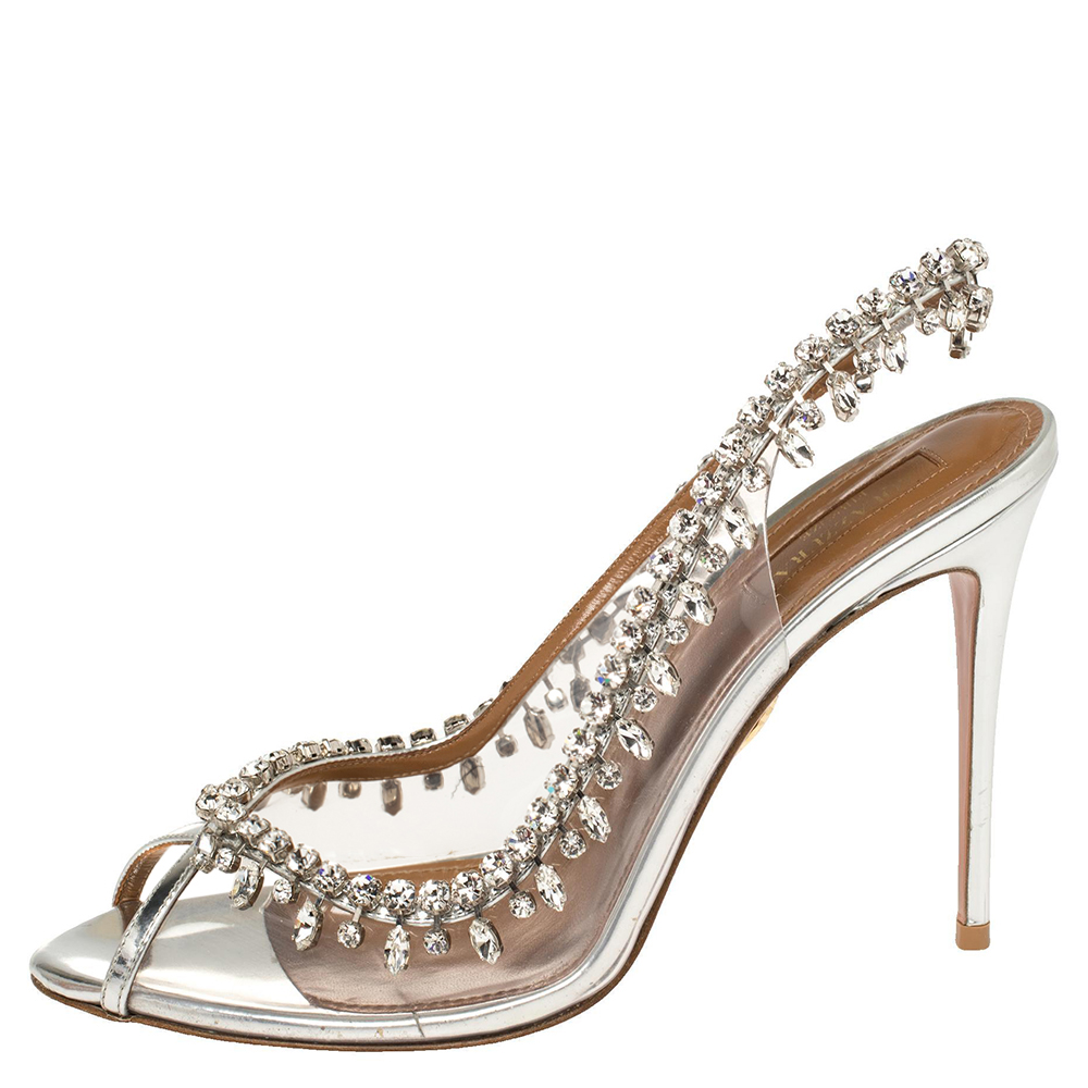 

Aquazzura Silver PVC And Leather Temptation Crystal Sandals Size