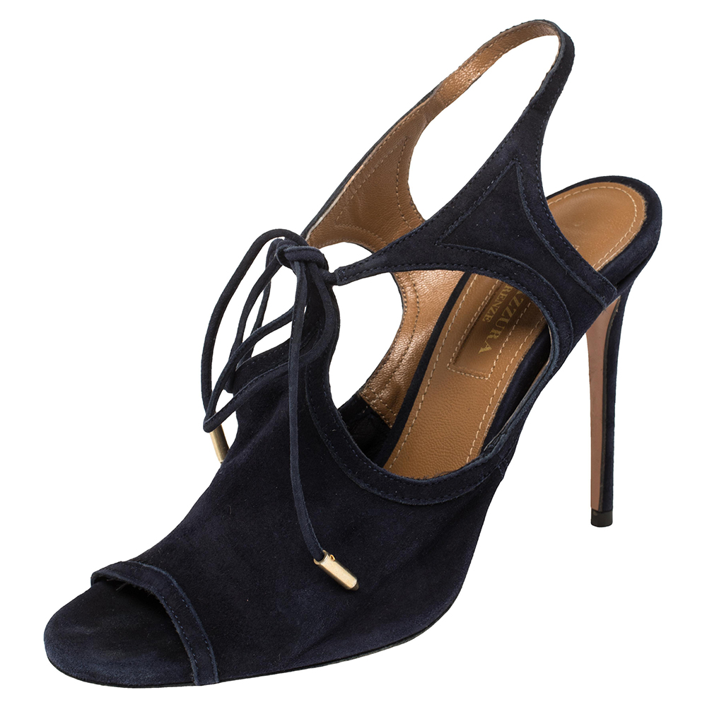 Aquazzura brings forth an amazing style in the form of these sandals that will impart a stylish look to your ensembles. Crafted from blue suede these sandals with tie up details and 11 cm stiletto heels are the perfect choice to rock a chic look