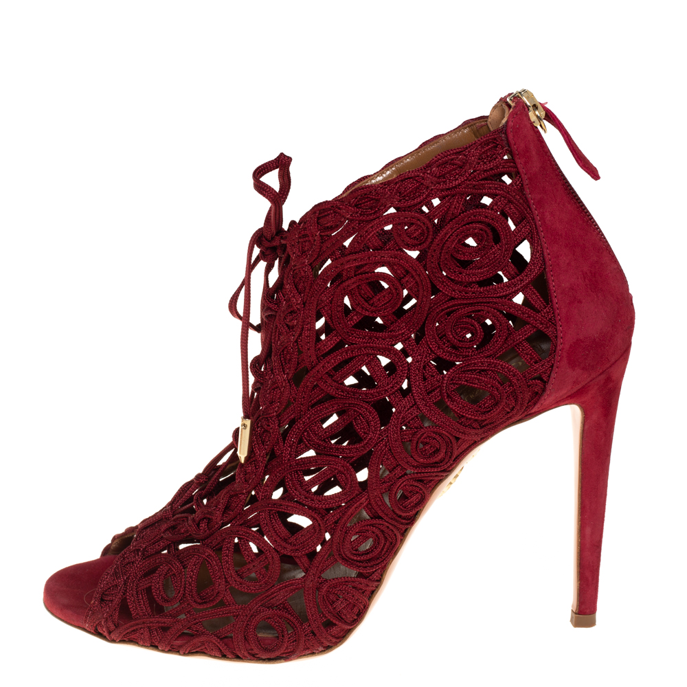 

Aquazzura Burgundy Suede And Lace Cut Out Open Toe Booties Size
