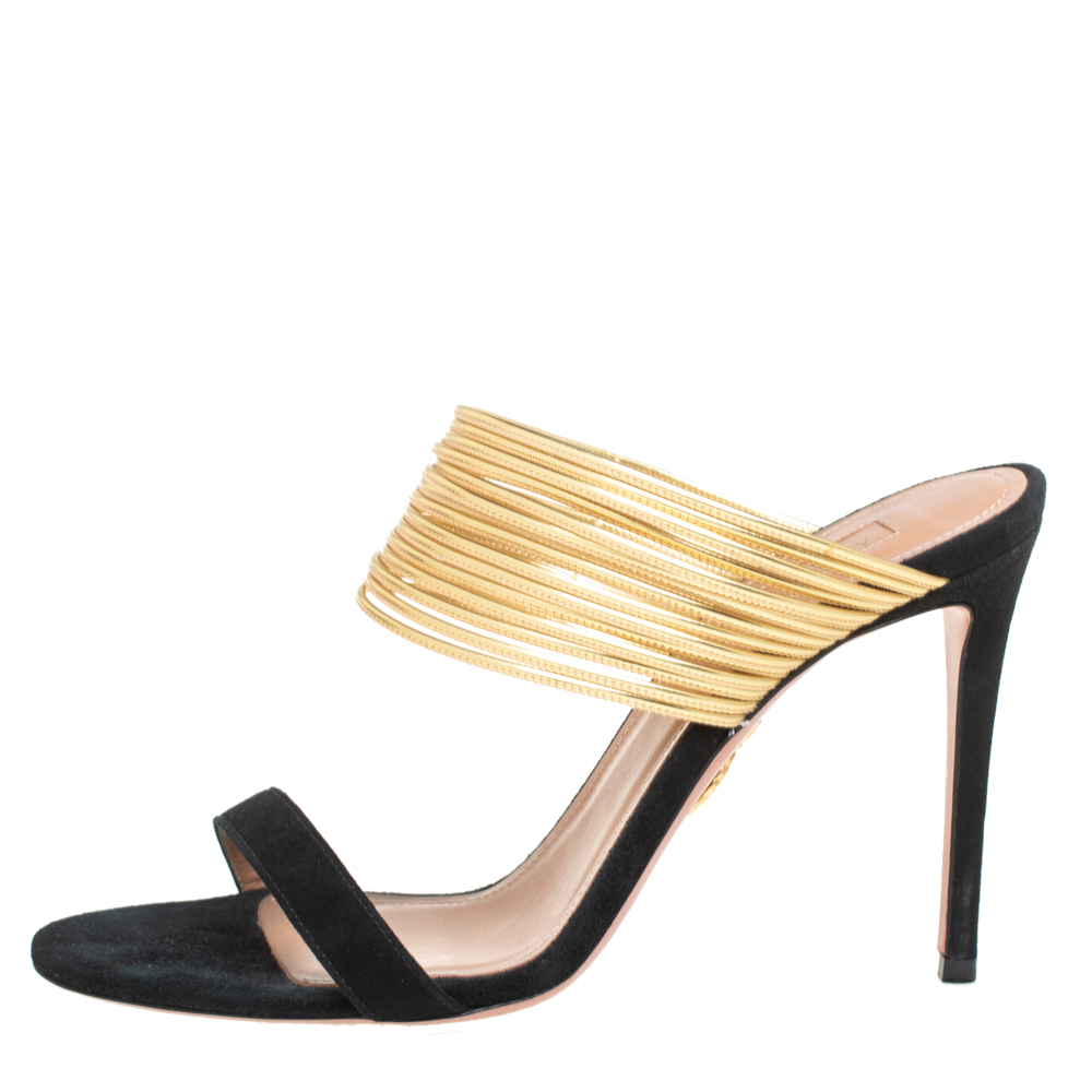 

Aquazzura Black/Gold Suede And Leather Rendez Vous 105 Slide Sandals Size