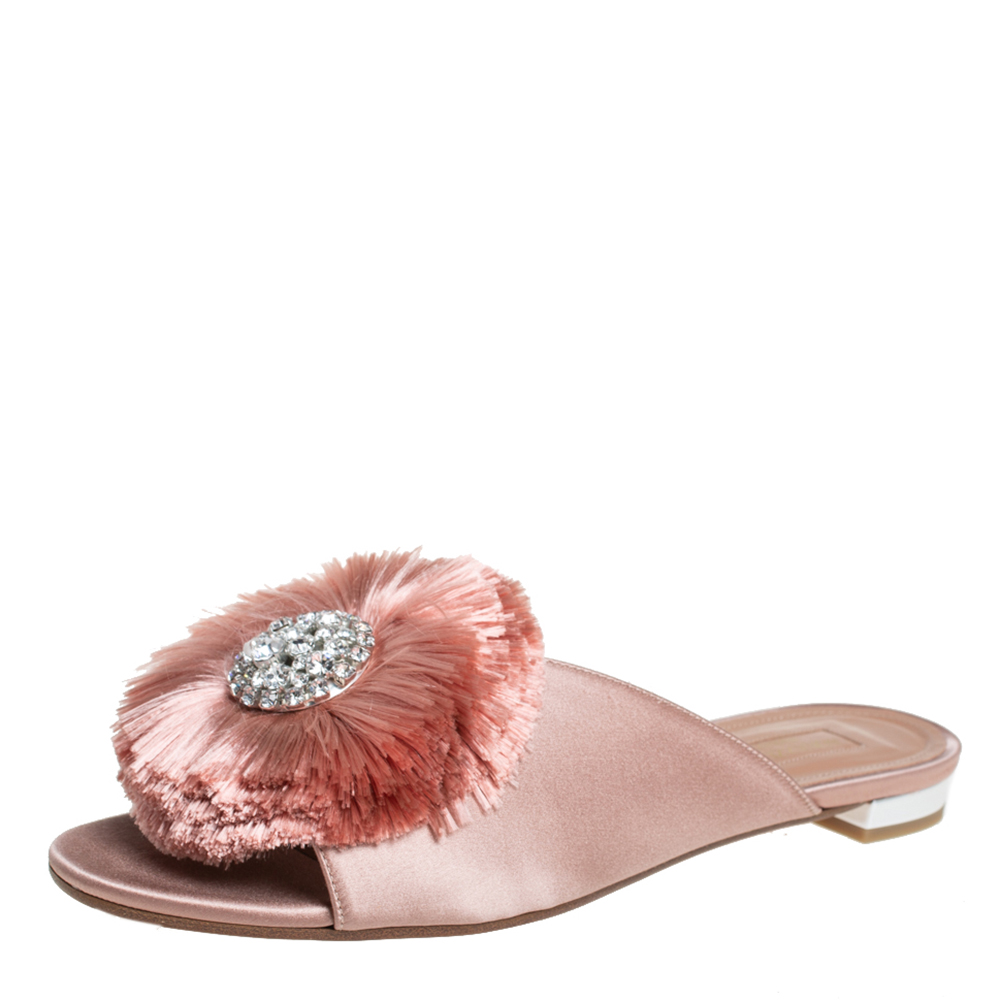 Pre-owned Aquazzura Pink Satin And Fur Crystal Lotus Slide Sandals Size 38