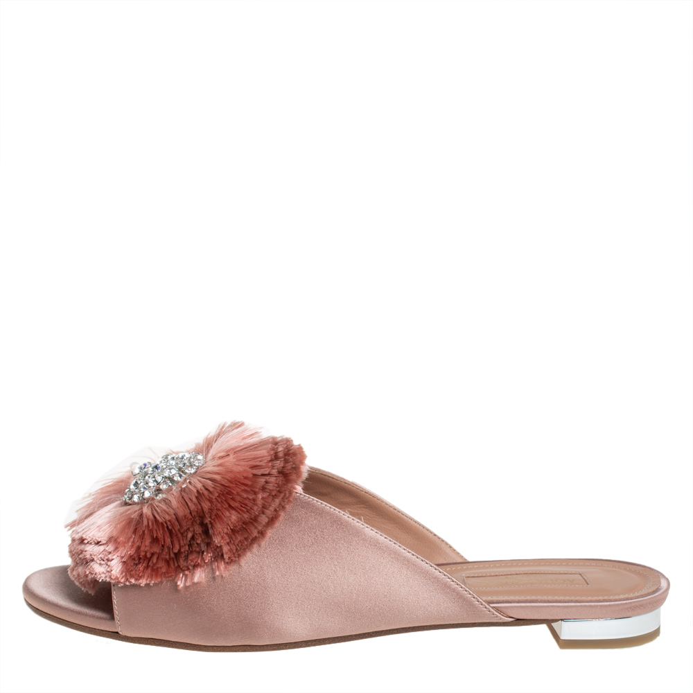 

Aquazzura Pink Satin And Fur Crystal Lotus Slide Sandals Size