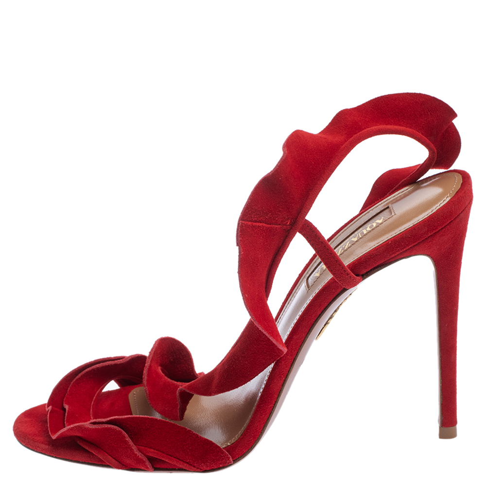 

Aquazzura Red Suede Ruffle Sandals Size