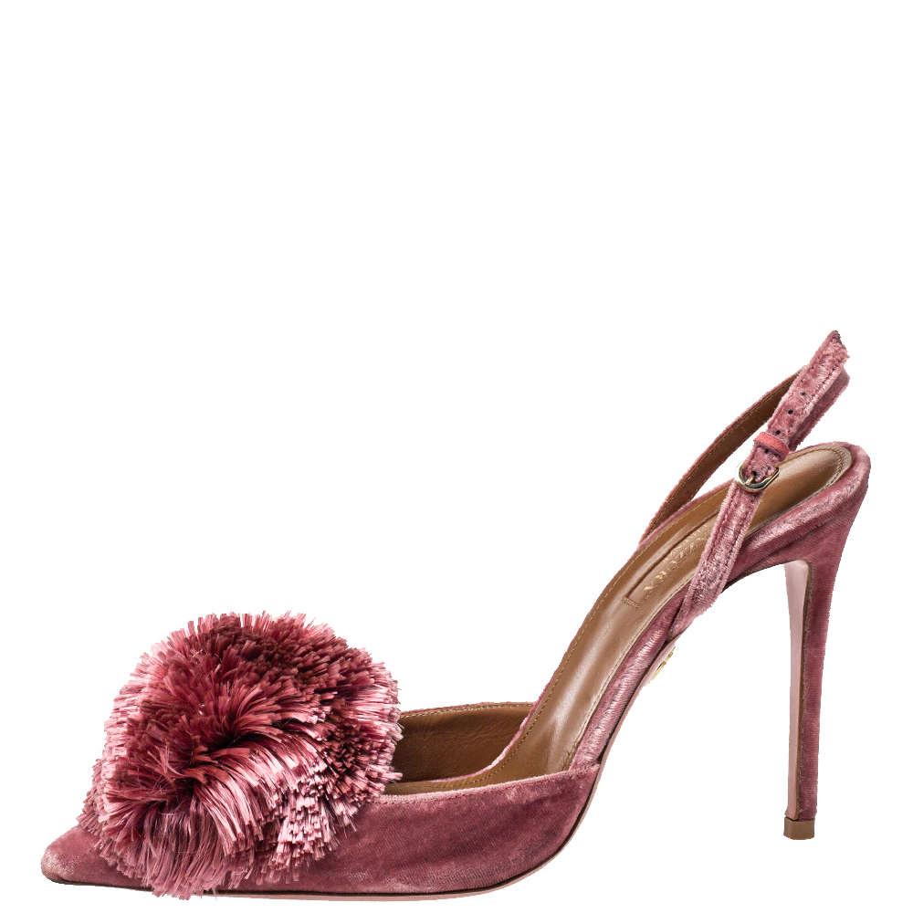 

Aquazzura Pink Velvet Powder Puff Pointed Toe Slingback Sandals Size