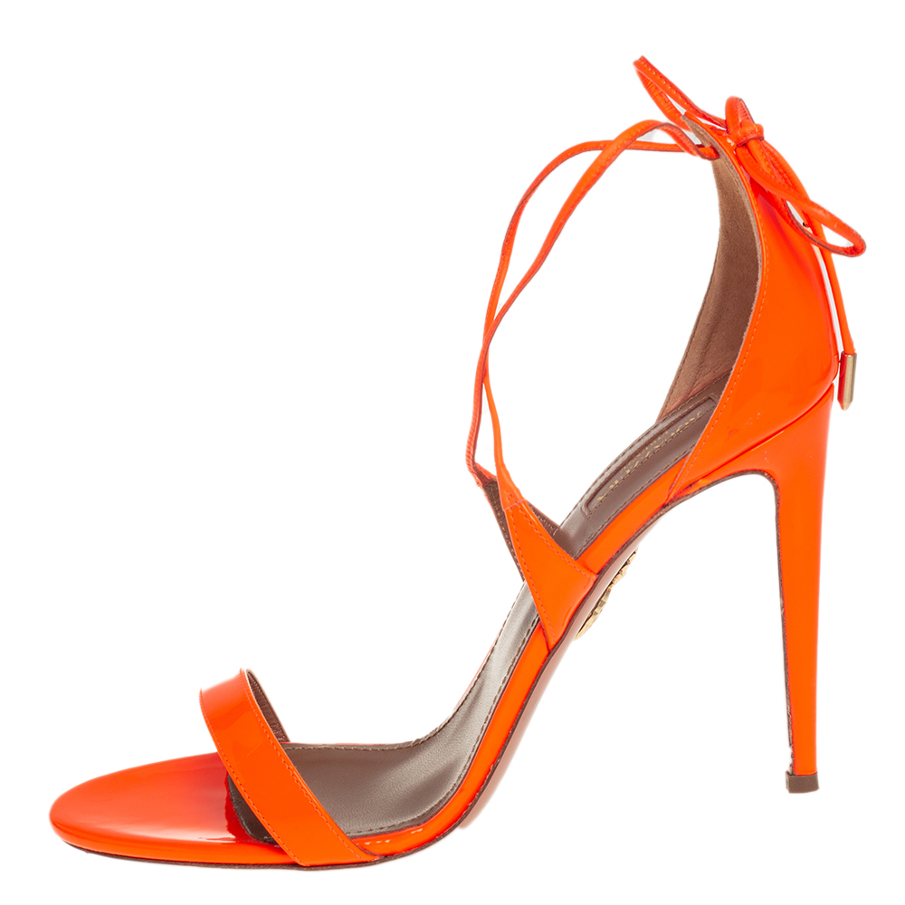 

Aquazzura Neon Orange Patent Leather Linda Ankle Wrap Sandals size