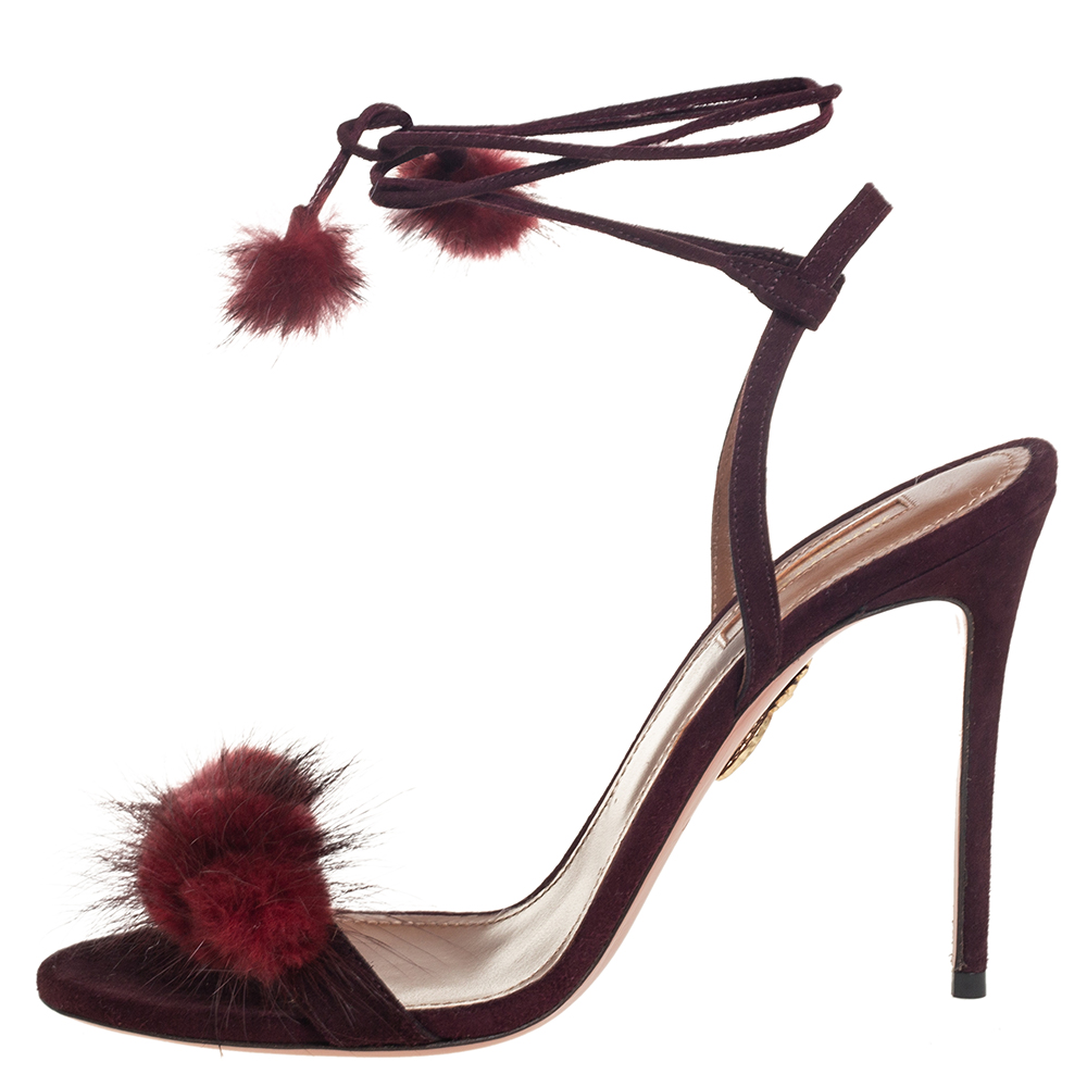 

Aquazzura Burgundy Fur And Suede Wild Russian Open Toe Ankle Wrap Sandals Size