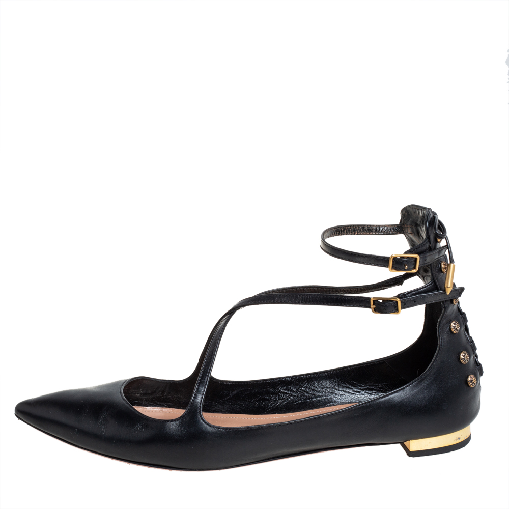 

Aquazzura Black Leather Ankle Strap Ballet Flats Size