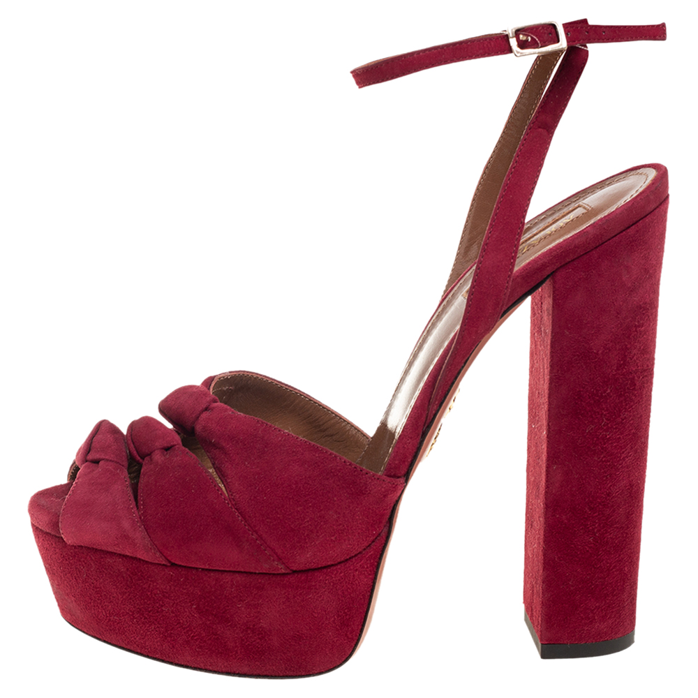 

Aquazzura Burgundy Suede Mira Block Heel Platform Sandals Size