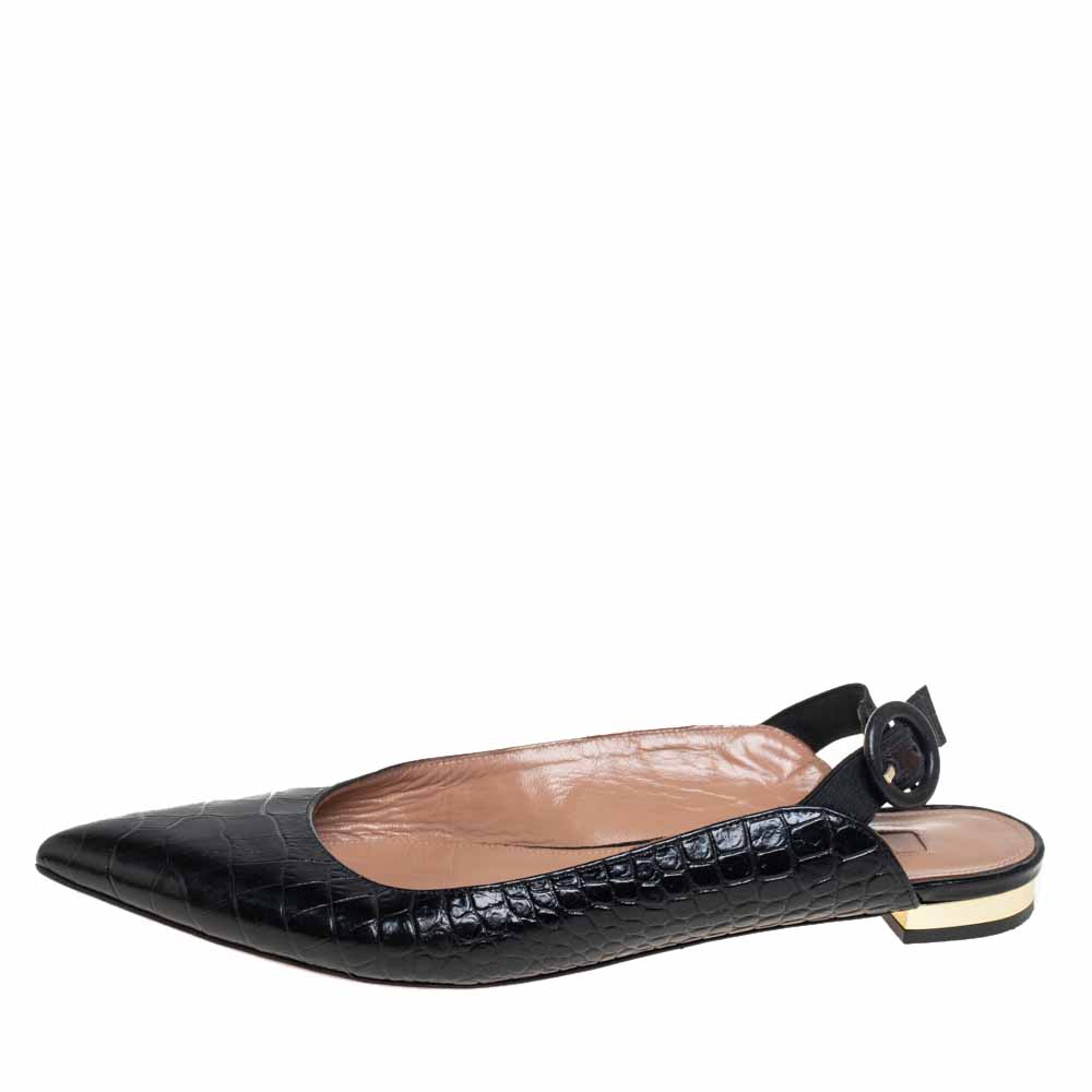 

Aquazzura Black Croc Embossed Leather Slingback Sandals Size