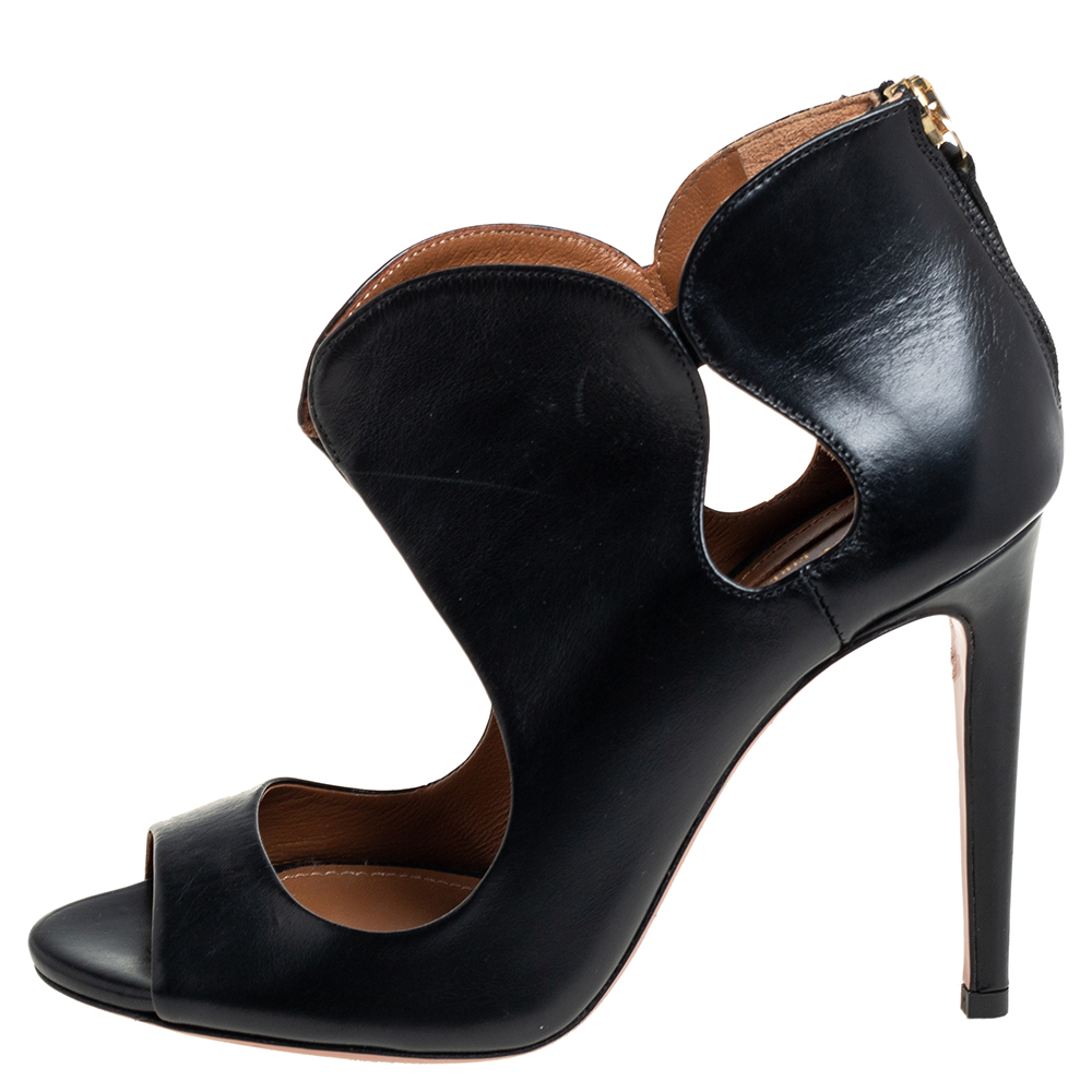 

Aquazzura Black Leather Zipper Detail Sandals Size