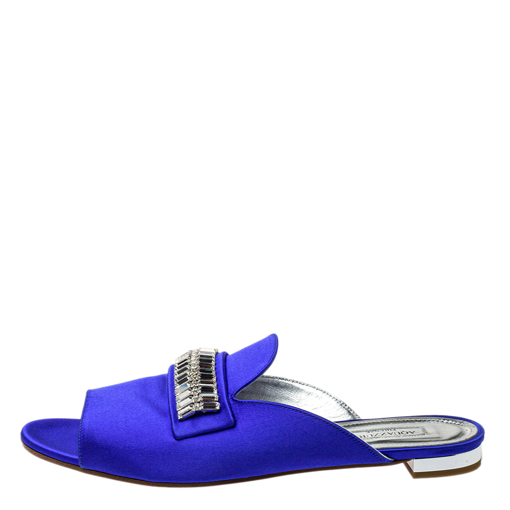 

Aquazzura Blue Satin Embellished Flat Sandals Size