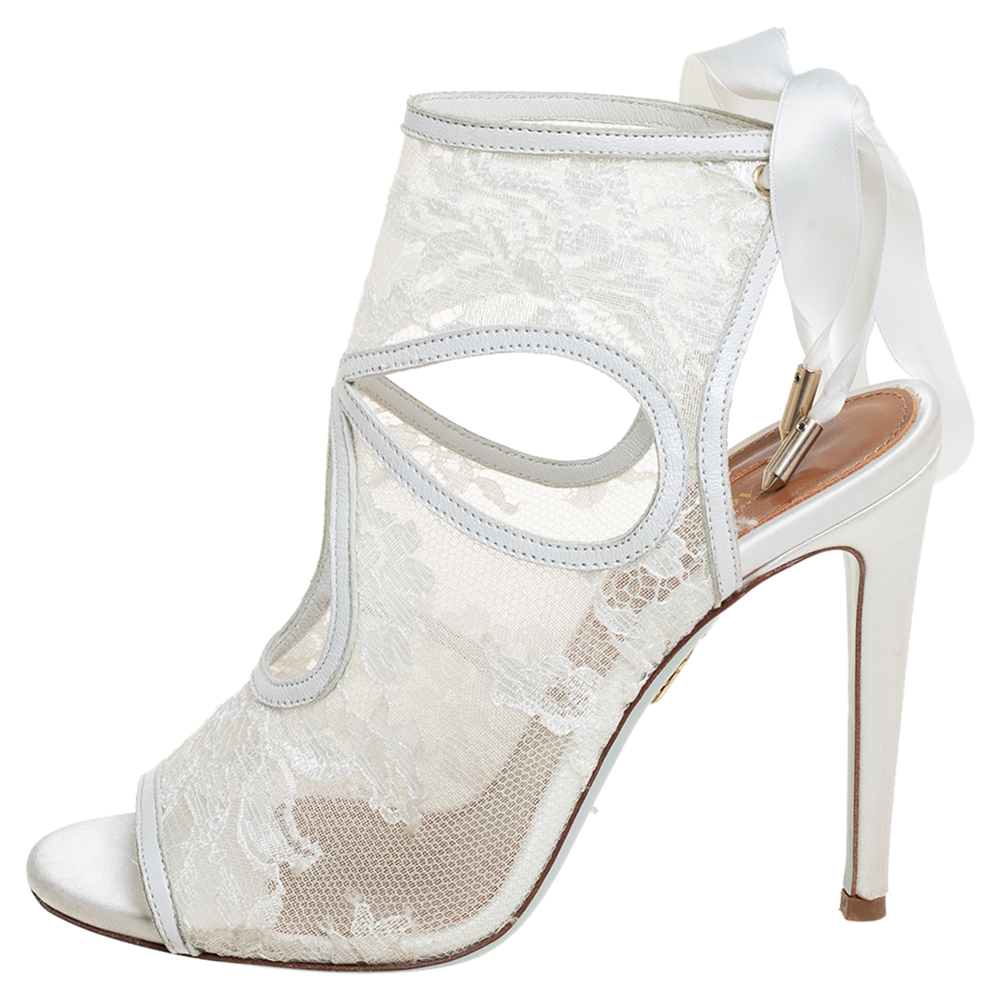 

Aquazzura White Lace and Leather Sexy Thing Bridal Cut Out Ankle Wrap Sandals Size