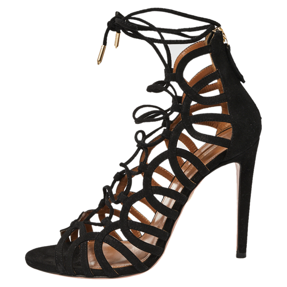 

Aquazzura Black Suede Ooh Lala Cage Sandals Size