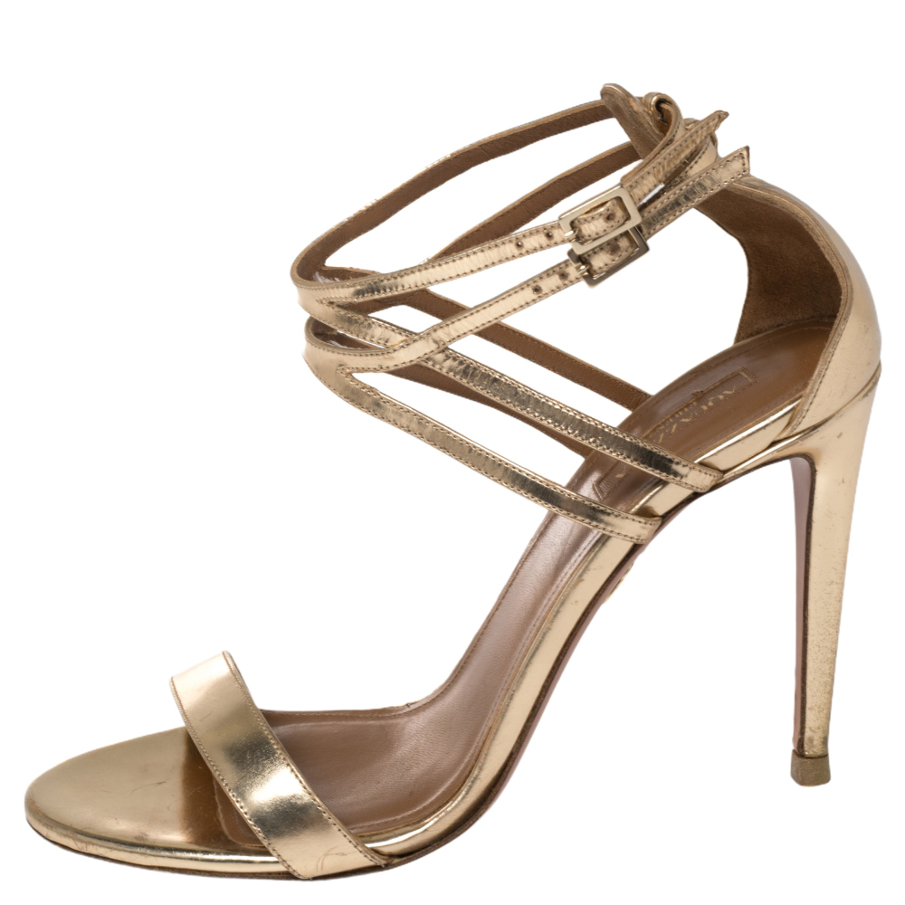 

Aquazzura Gold Leather Lucille Open Toe Ankle Strap Sandals Size