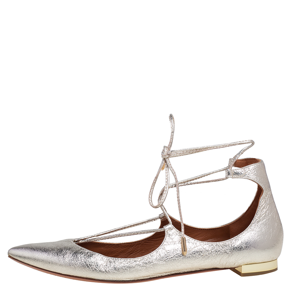 

Aquazzura Metallic Gold Crinkled Leather Christy Ankle Wrap Ballet Flats Size