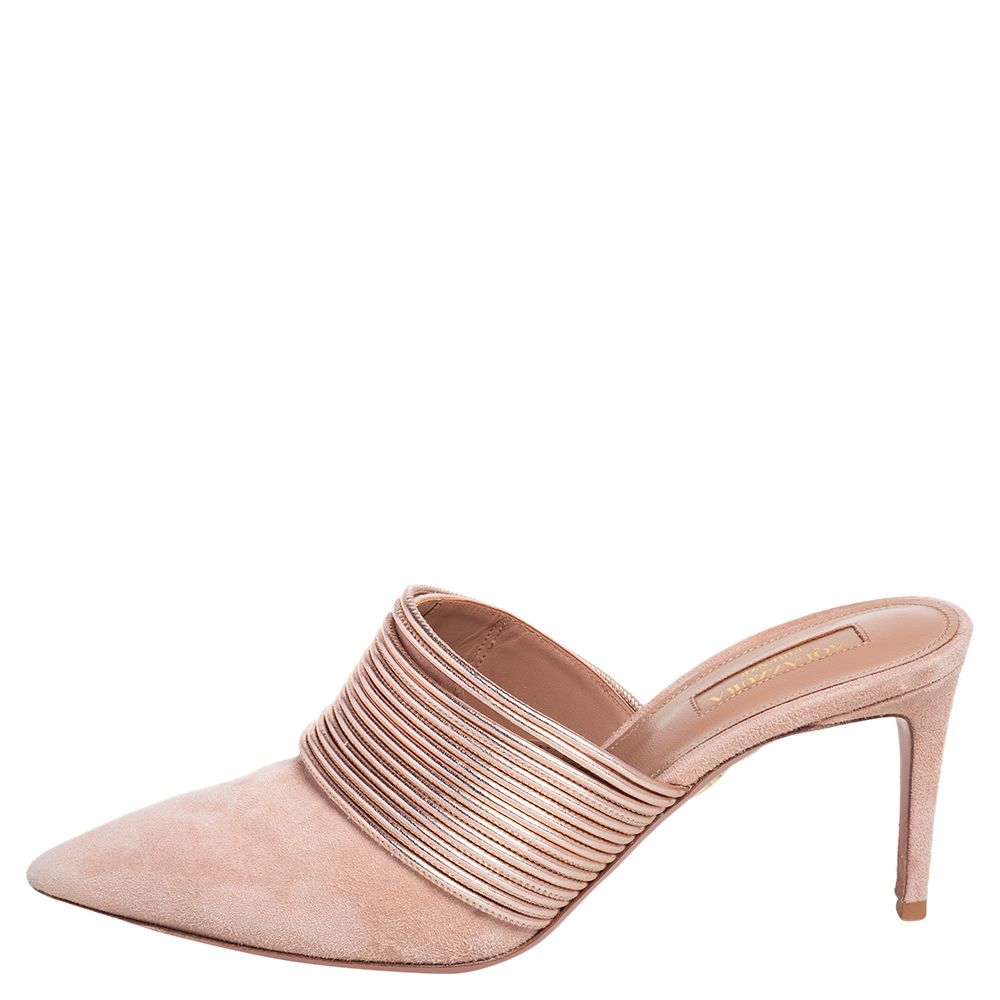 

Aquazzura Beige/Rose Gold Suede and Leather Rendez Vous Mules Size
