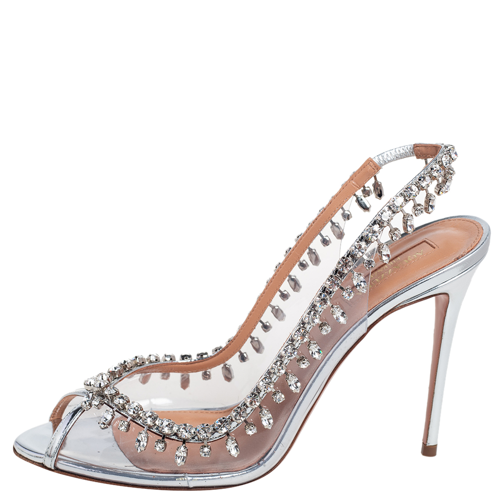 

Aquazzura Silver PVC And Leather Temptation Crystal Sandals Size