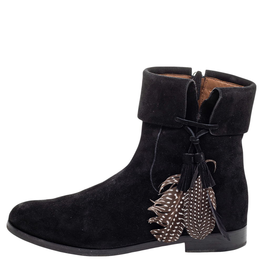 

Aquazzura Black Suede Feather Coachella Ankle Length Boots Size
