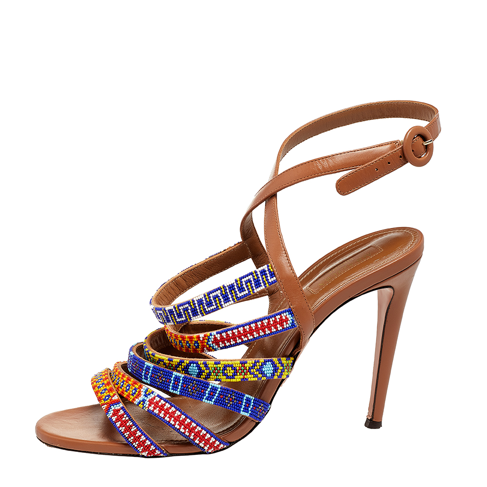 

Aquazzura Multicolor Leather And Masai Beaded Strappy Sandals Size