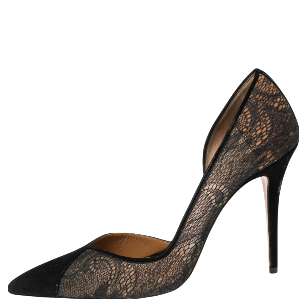 

Aquazzura Black Suede And Lace Pointed Toe Pumps Size