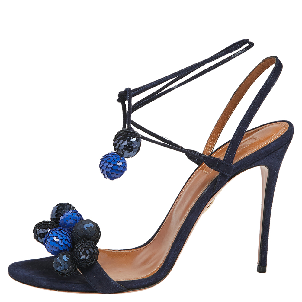 

Aquazzura Blue Suede and Sequins Disco Thing Ankle Wrap Sandals Size