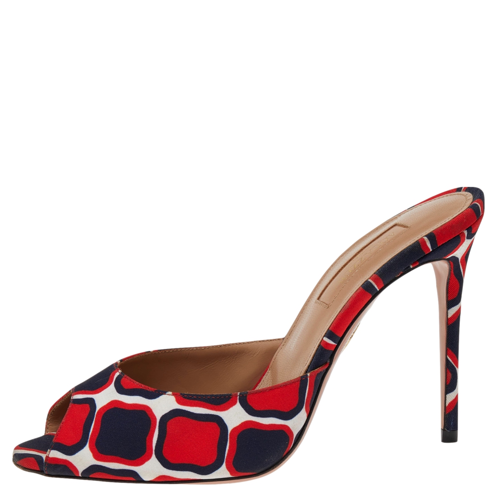 

Aquazzura Menorca Red Printed Canvas Slide Sandals Size