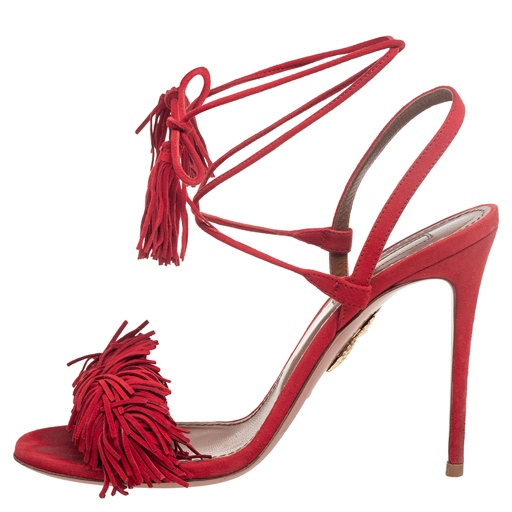

Aquazzura Red Fringed Suede Wild Thing Ankle Wrap Sandals Size