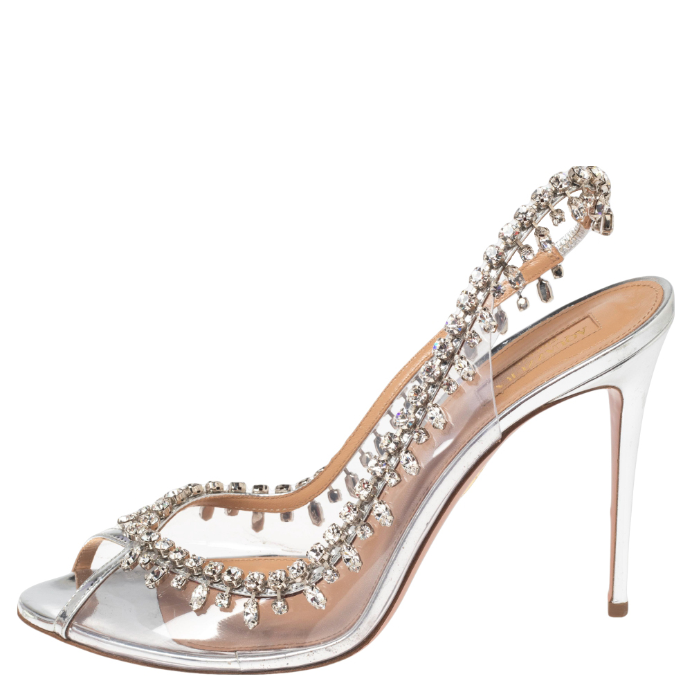 

Aquazzura Silver PVC And Leather Temptation Crystal Sandals Size 40