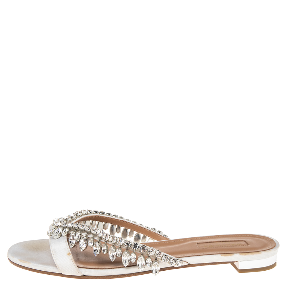 

Aquazzura White Canvas Crystal Embellished Slide Sandals Size