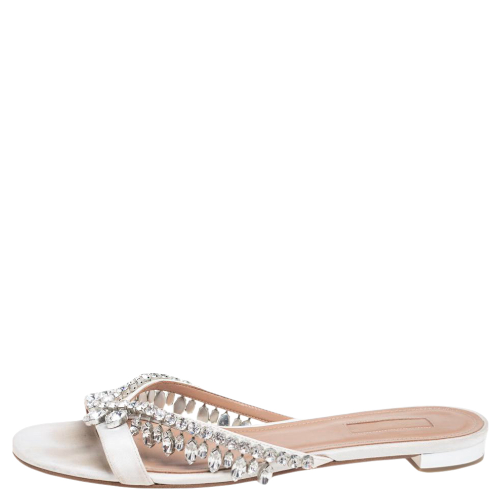

Aquazzura White Canvas Crystal Embellished Slide Sandals Size