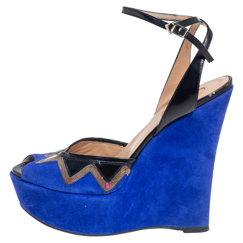 

Aquazzura Blue Suede Ankle Strap Wedge Sandals Size