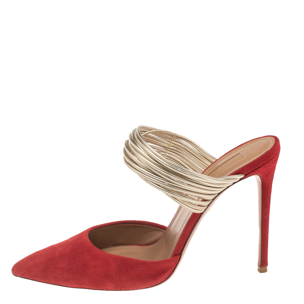 

Aquazzura Red Suede And Metallic Gold Leather Rendez Vous Pointed Toe Mules Size
