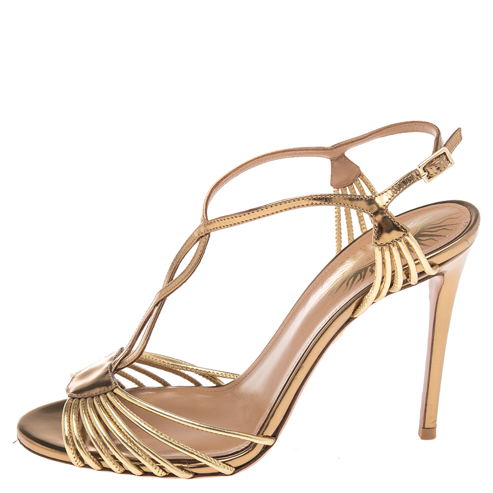 

Aquazzura Metallic Gold Leather Josephine Ankle Strap Sandals Size