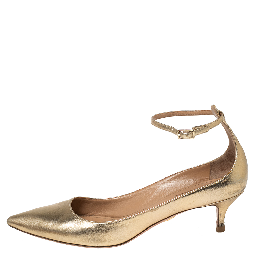 Aquazzura Gold Leather Ankle Strap Pumps Size