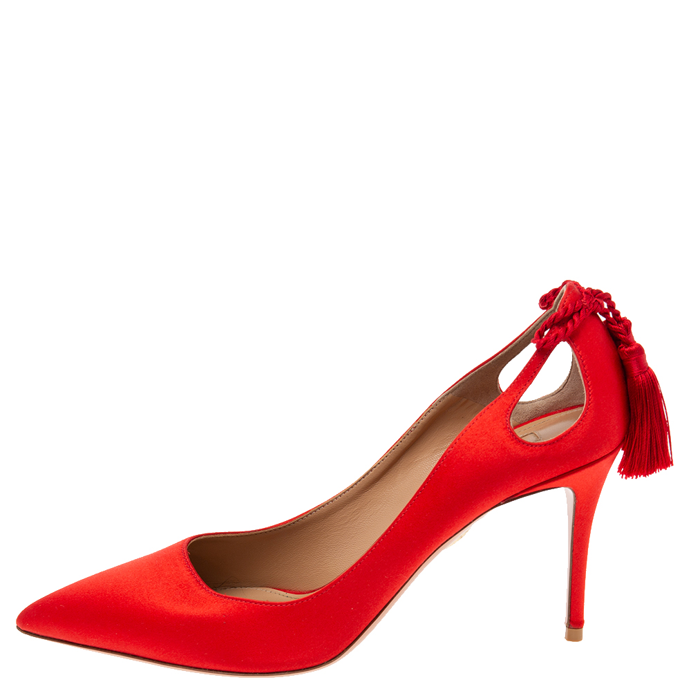 

Aquazzura Red Satin Forever Marilyn Cut Out Tassel Detail Pointed Toe Pumps Size