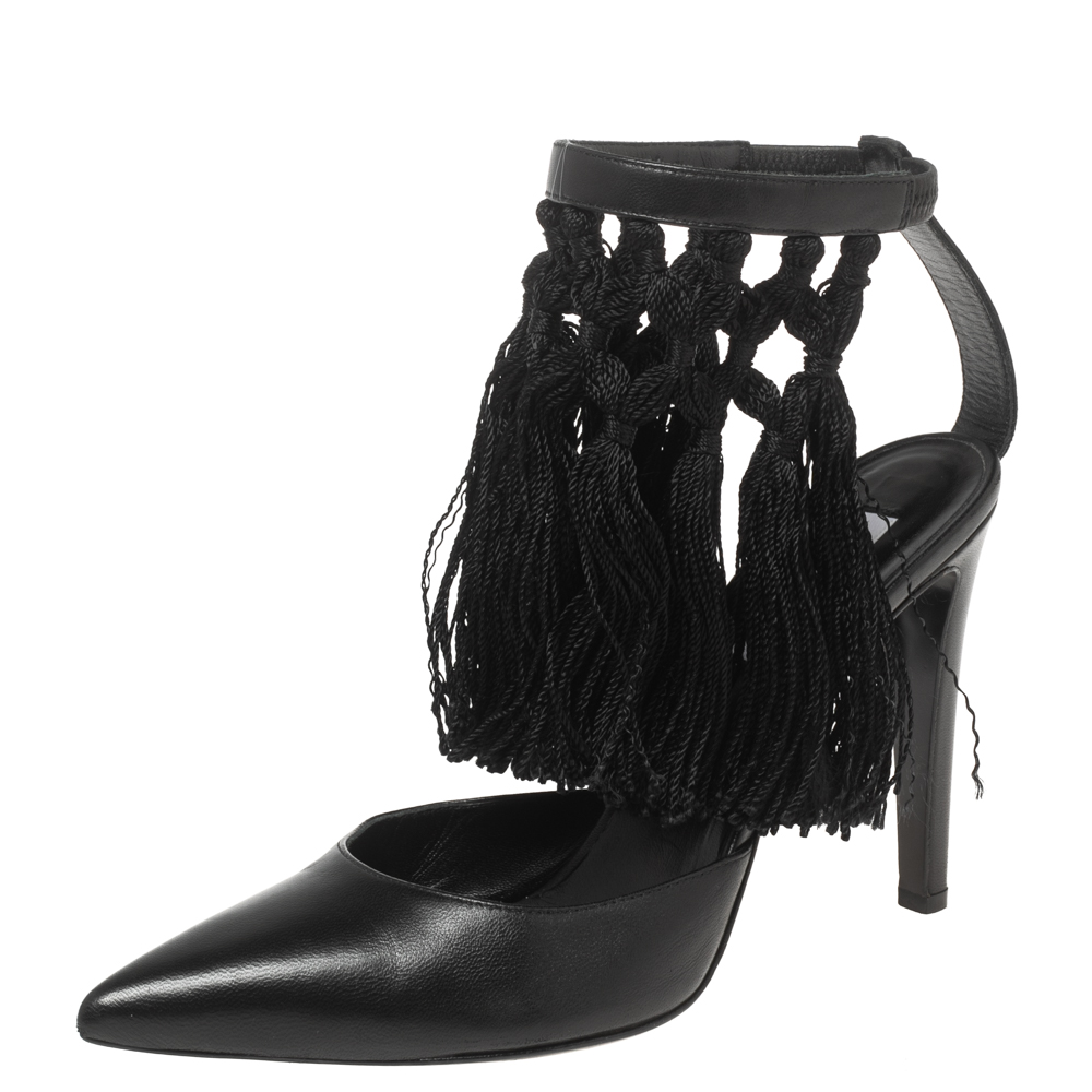 

Aquazzura Black Leather Fringe Ankle Strap Sandals Size