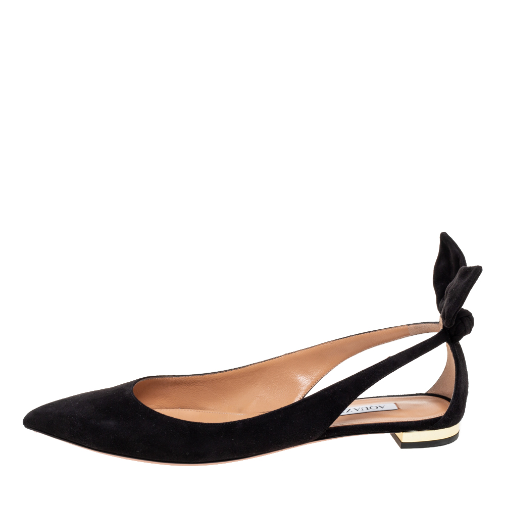 

Aquazzura Black Suede Bow Tie Pointed-Toe Flats Size