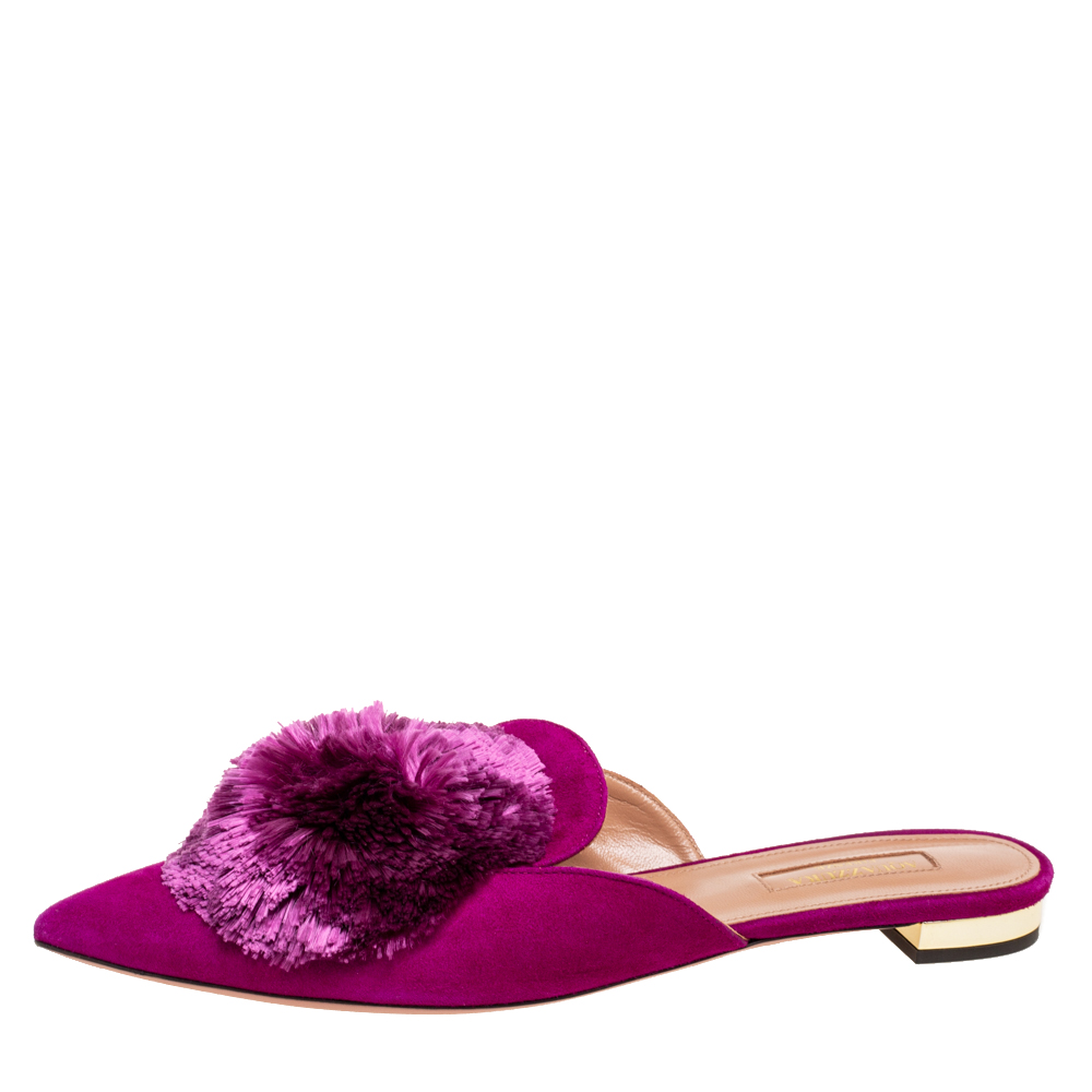 

Aquazzura Magenta Suede Powder Puff Pointed-Toe Flat Mules Size, Purple