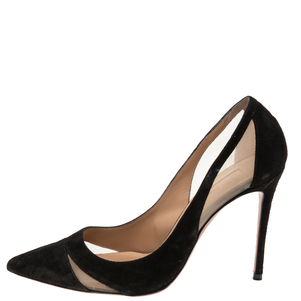 

Aquazzura Black Suede And Net Pointed Toe Pumps Size